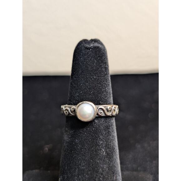 Vintage Marked Fuzion 925 Sterling Silver Bezel Set Pearl Ring Size 5.5 - Picture 5 of 5